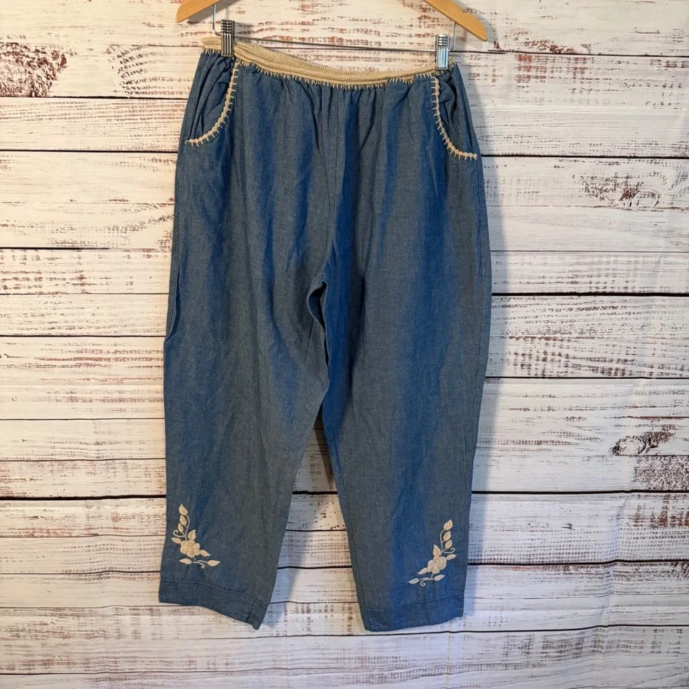Womens Boho 2 Piece Set Blue Crochet Fringe Embroidered Pants Top Western L XL